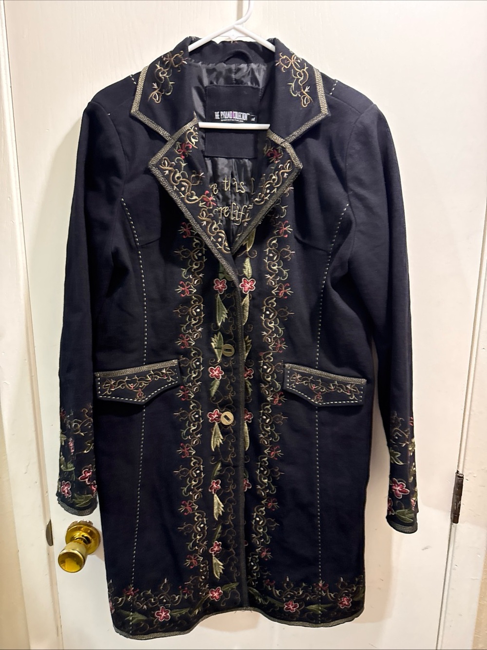 Rare HTF The Pyramid Collection Black Trench Coat with Floral Embroidery